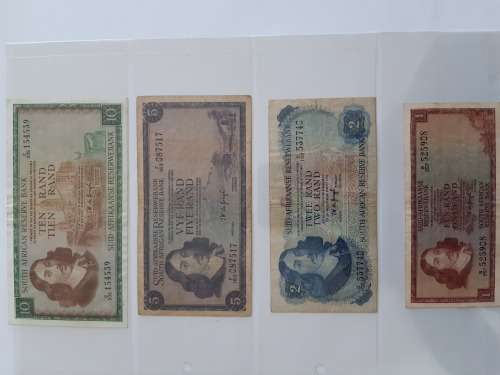 TW de Jongh Set of R1, R2, R5 and R10 South African Banknotes